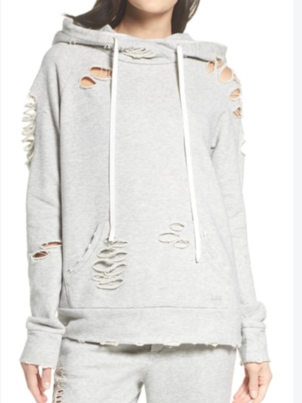 ALO Yoga Light Gray Distressed Hooded Sweatshirt
